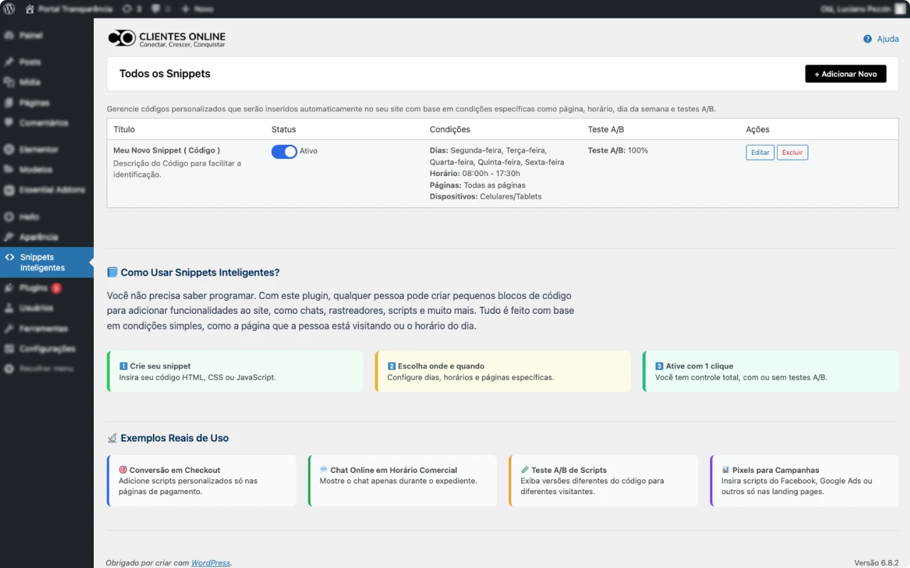 Tela do plugin Snippets Inteligentes ativado no WordPress
