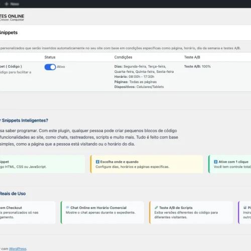 Tela do plugin Snippets Inteligentes ativado no WordPress